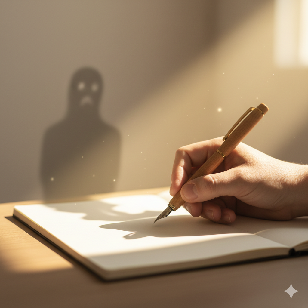 a close up of a trembling hand holding a pen above a blank page. gemini generated picture.