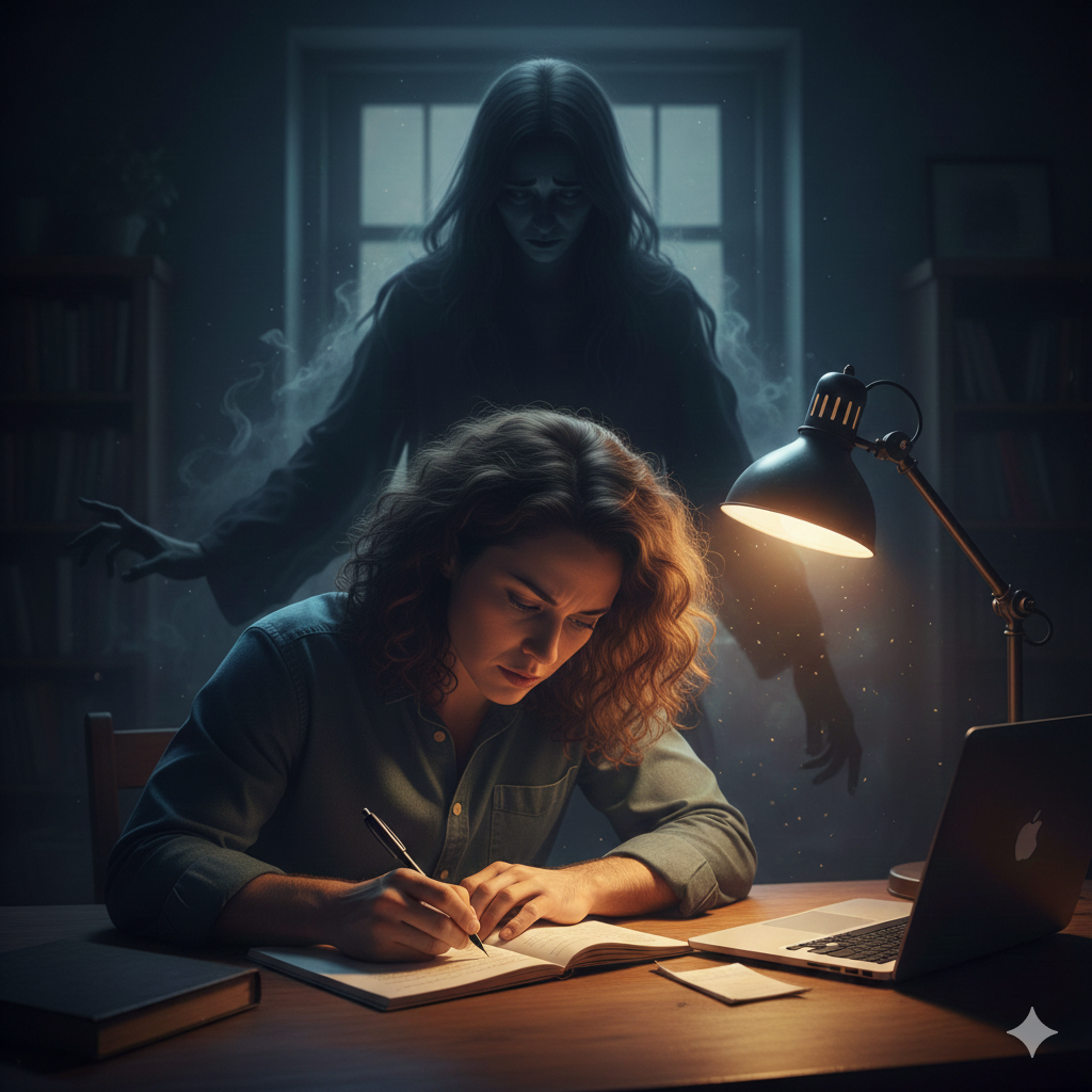 a dark, semi transparent figure or shadow looming behind a person sitting at a desk, head down in concentration. gemini generated image