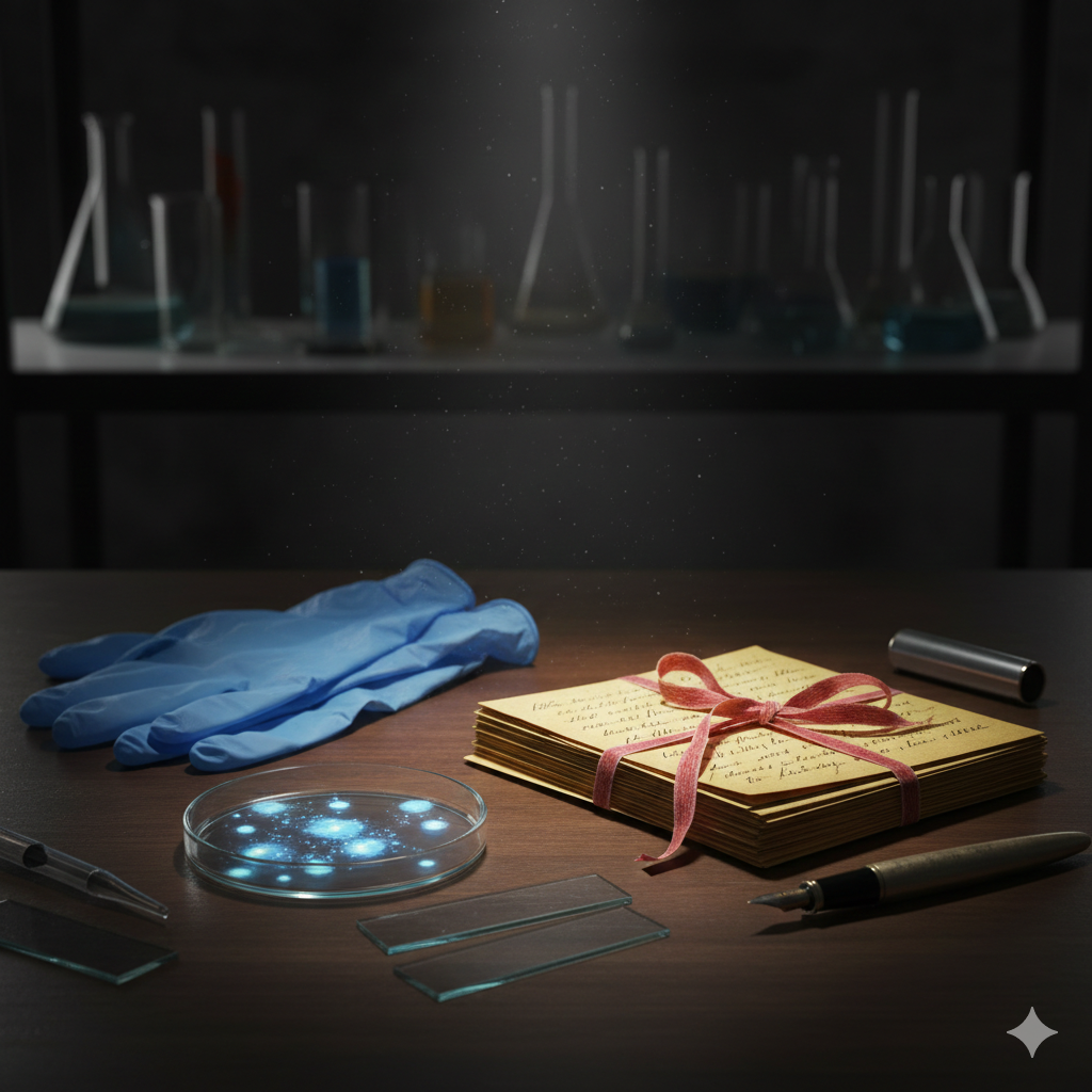 Dear Self — Letter 2: To the Person I Once Wanted to Be a desk with sterile lab gloves placed beside handwritten letters — science meeting storytelling. gemini generated image