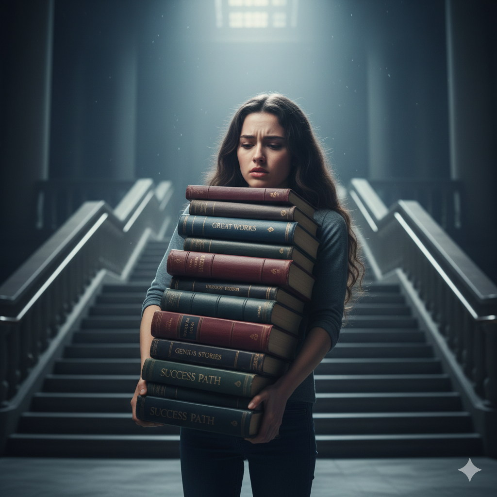 a girl holding a heavy stack of books — slightly symbolic of “expectations.” gemini generated image.