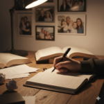 a hand writing in a notebook with scattered papers around, a faint blurred background of family photos on the wall. gemini generated image