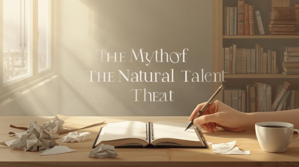 The Myth of ‘Natural Talent’: Why Discipline Outshines Giftedness a thoughtful, reflective visual for a blog post titled “the myth of natural talent.” the scene shows a young writer at a wooden desk with scattered crumpled papers, an open notebook, and a pen in hand. AI-generated from Canva.