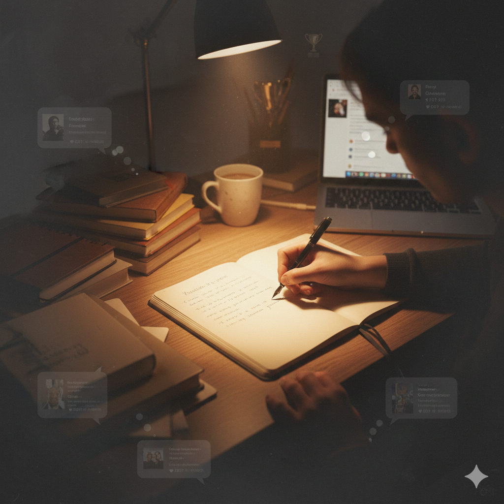 a writer at a cozy desk surrounded by notebooks and a laptop. a faint shadow or fog around the edges represents comparison or self doubt. gemini generated image