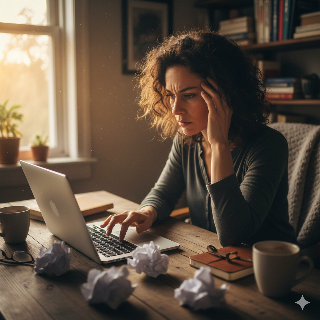 a writer sitting at a cozy desk by a window, soft morning light spilling in. their laptop is open, surrounded by crumpled papers and coffee mugs. ai generated by gemini