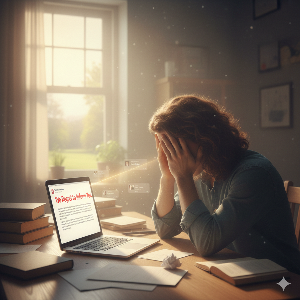 a writer sitting at a desk, hands on their head in a mix of disappointment and reflection. a laptop displaying a rejection email. gemini generated image