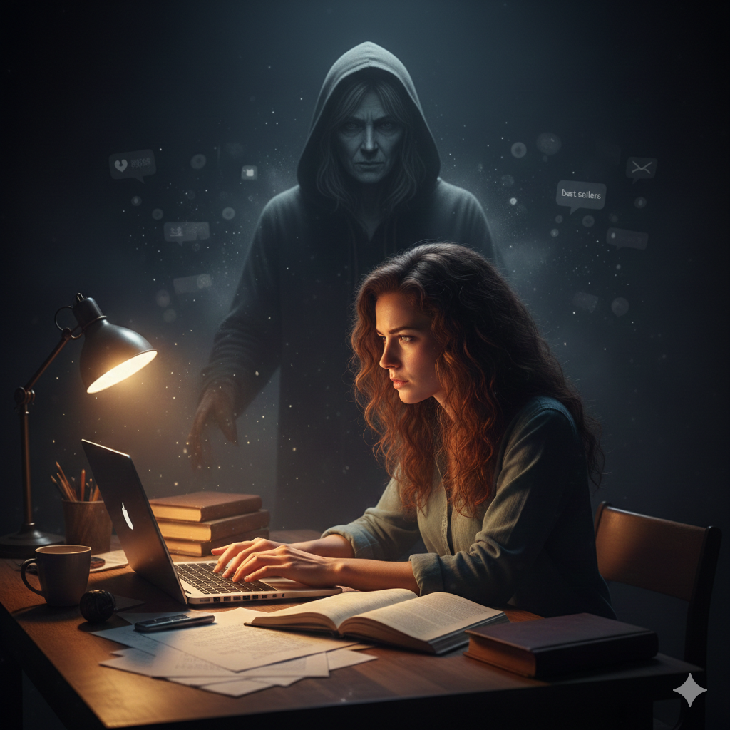 a writer sitting at a desk with scattered drafts and a glowing laptop, hands hovering over the keyboard. a shadowy figure looms subtly behind. gemini generated image.