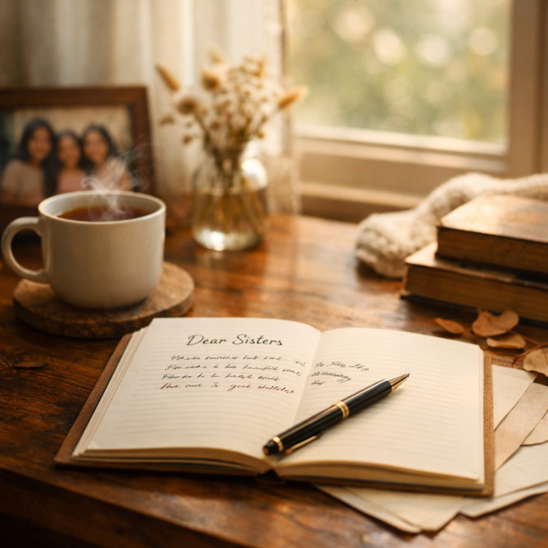 chatgpt image love letter for sisters, a steaming coffee, a picture frame of sisters.