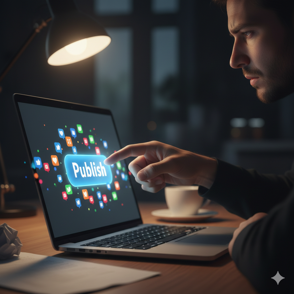 close up of a hand hovering over a “publish” button on a laptop, with blurred social media notifications in the background to show the anxiety of being seen. gemini generated image.