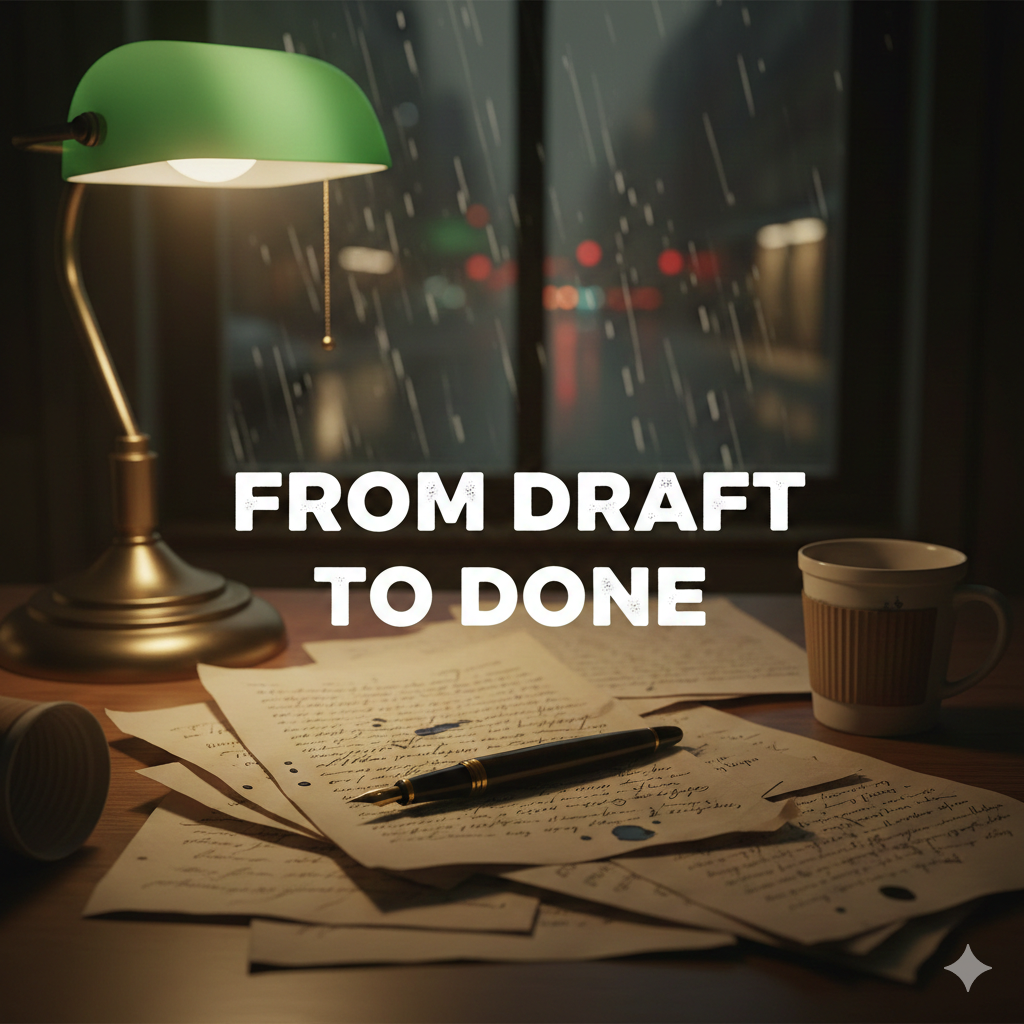 gemini generated image a dimly lit desk at night, scattered manuscript pages, a pen resting across them, rain outside.