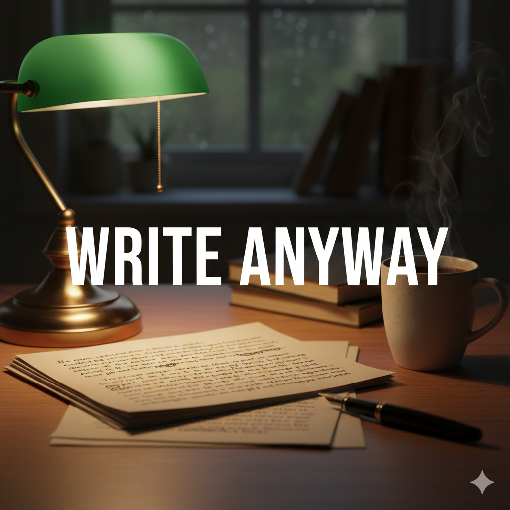 gemini generated image a quiet desk with half written pages, warm lamp light, and a cup of coffee.