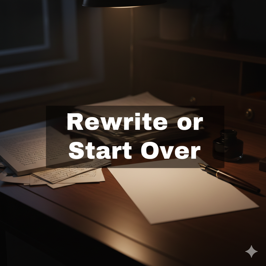 gemini generated image dimly lit desk, half finished manuscript, blank page, warm reflection light.