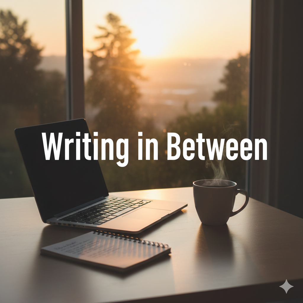 gemini generated image laptop on a desk at dawn, notebook and coffee beside it.