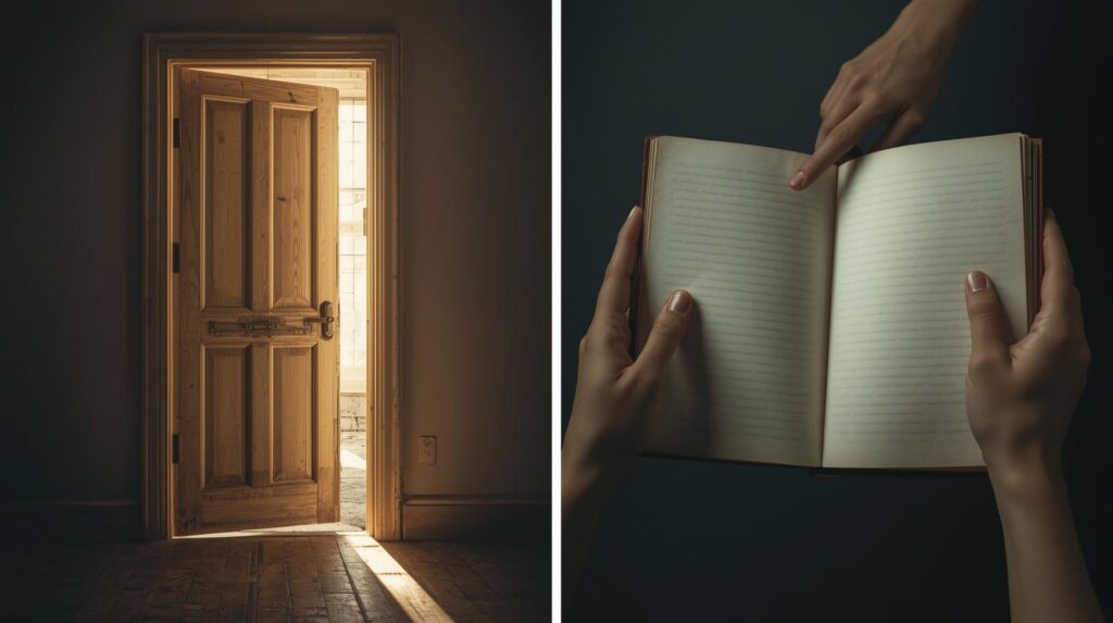 The Fear of Being Seen: Overcoming Writer’s Anxiety and Self-Doubt a door slightly ajar with sunlight spilling through, or hands reaching toward an open notebook. with caption the fear of being seen. AI-generated from Canva
