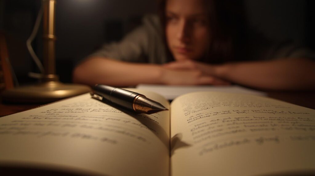 a journal with a pen, a soft lit desk, or a contemplative writer. with caption writing as a form of self discovery how journaling helps you find yourself” AI-generated from Canva