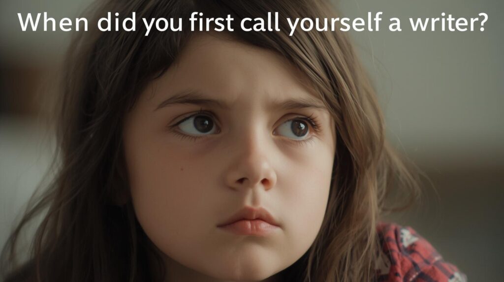 a photo of a questioning girl with a caption on top when did you first call yourself a writer. AI-generated from Canva.