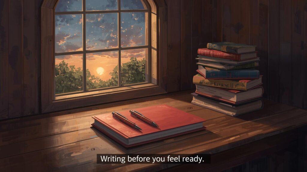 a picture of an alcove and a nook, with lit sky, table, red diary, two pens, seven books, and a caption writing before you feel ready. AI-generated from Canva.