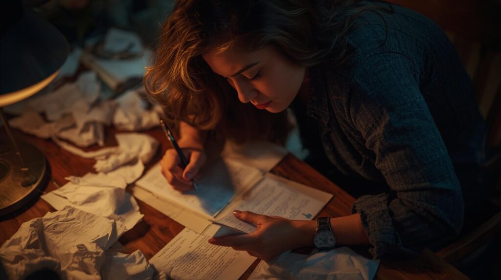 crumpled papers, a writer at a desk, or pen and notebook. AI-generated from Canva.