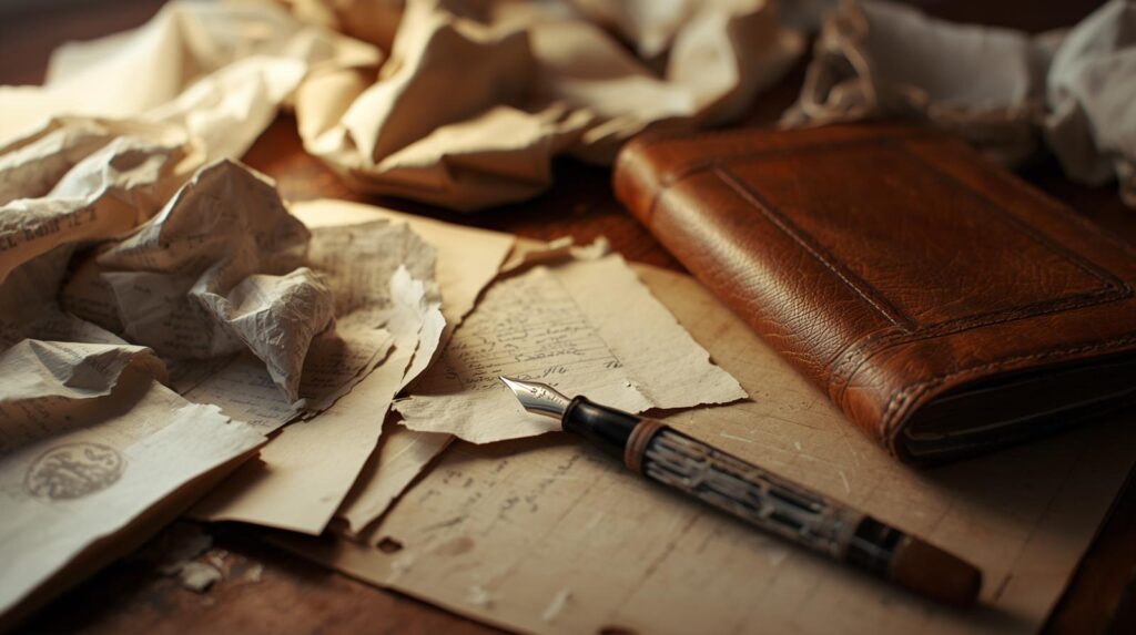 Why Your First Draft is Messy (And Why That’s Perfect) crumpled papers, a writer at a desk, or pen and notebook. with caption why your first draft is messy (and why that's perfect). Ai-generated from Canva.