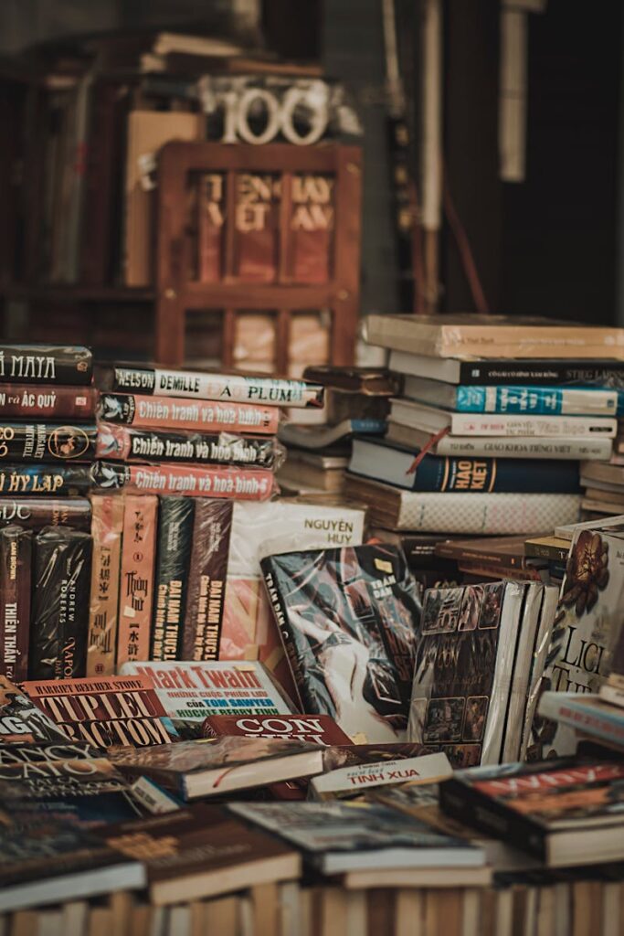 A cozy indoor bookstore with stacked bookshelves filled with novels and literature.