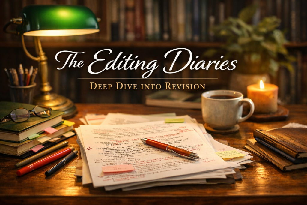Edited manuscript with red-ink revisions on a writer’s desk for The Editing Diaries series about editing and revising writing.