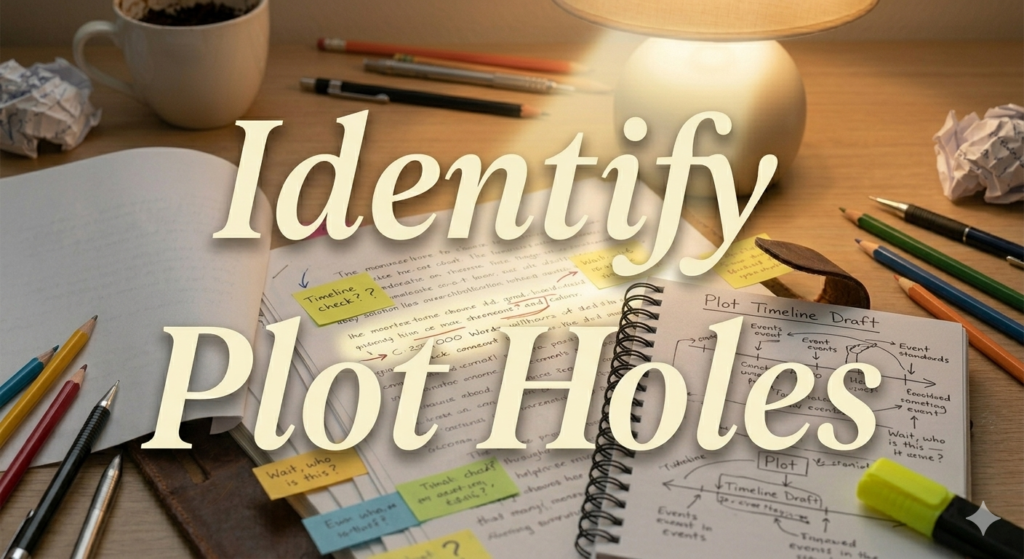How to Identify Plot Holes and Strengthen Your Story gemini generated image an open manuscript with sticky notes marking inconsistencies, a notebook displaying a sketched timeline, pencils and a highlighter scattered across a desk under soft lighting.