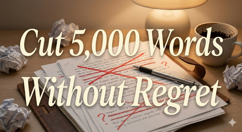 gemini generated image a manuscript with pages marked in red ink, a pen resting across the top, warm desk lighting, and a cup of coffee nearby.