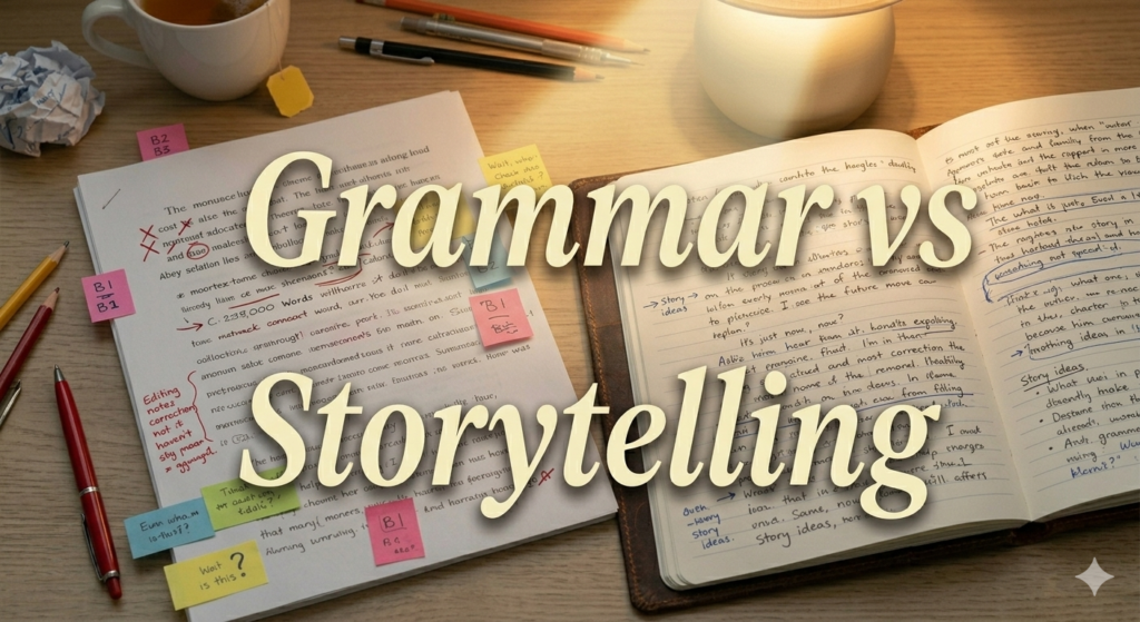 Grammar vs. Storytelling — What Writers Should Prioritize When Editing gemini generated image a manuscript with red correction marks and handwritten editing notes beside an open notebook filled with loose, free flowing drafting.