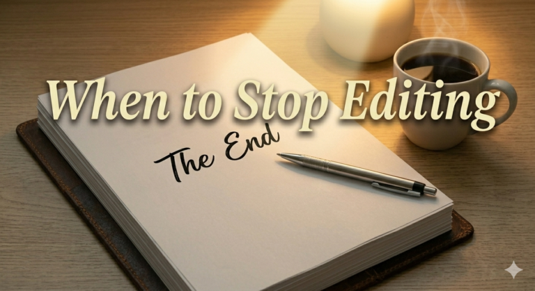 gemini generated image a neatly stacked manuscript labeled “the end,” with a pen resting on top.