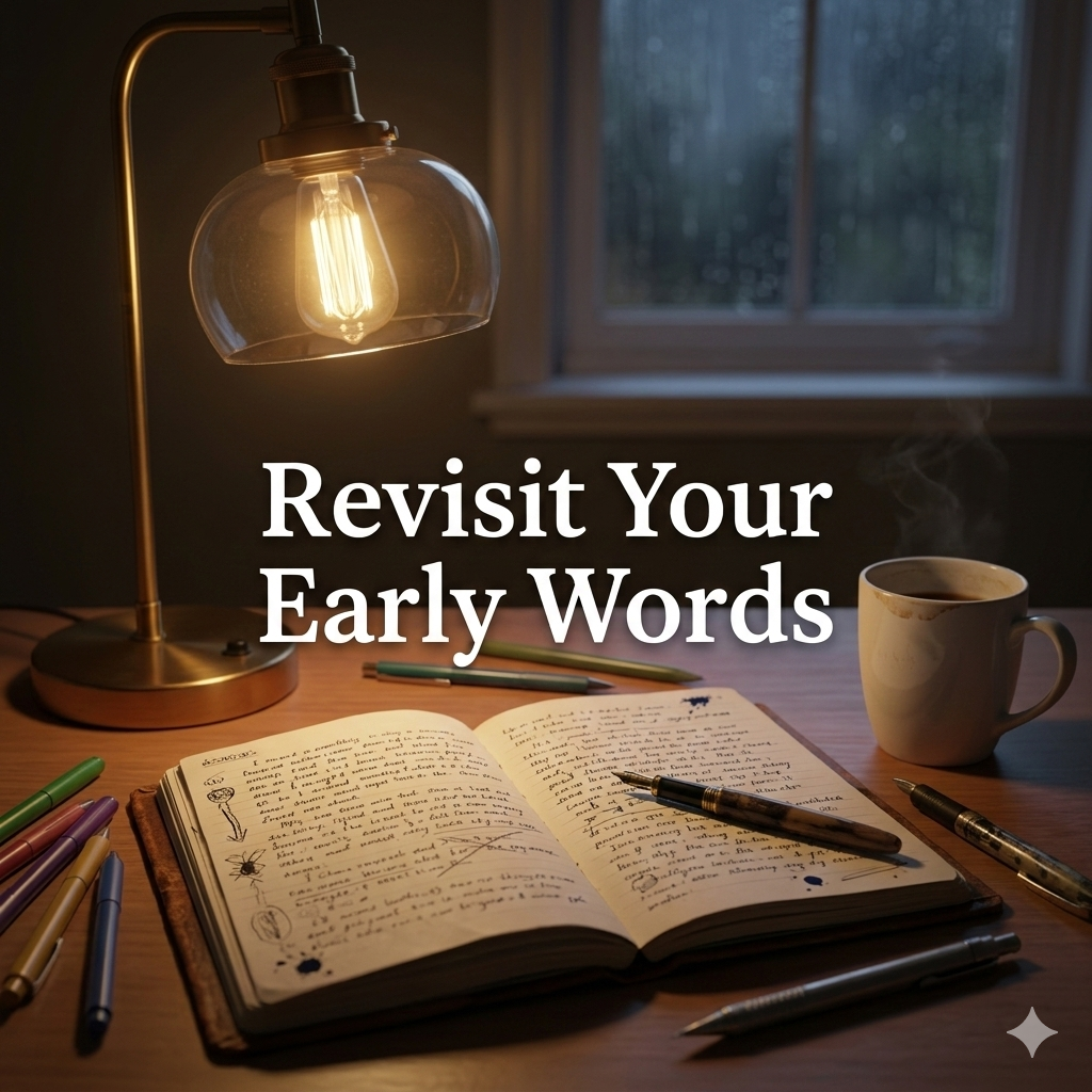 gemini generated image a worn notebook open to handwritten teenage writing, a soft desk lamp casting warm light, scattered pens, and a coffee nearby