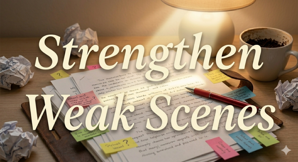 How to Strengthen Weak Scenes: Bring Your Story to Life gemini generated image an open manuscript with one scene highlighted, a red pen nearby, sticky notes with annotations, and a warm desk lamp casting soft light.