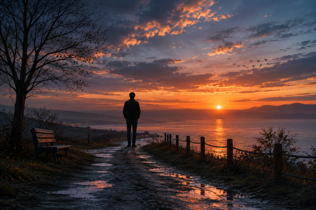 chatgpt image a lone figure standing near a distant horizon at dusk