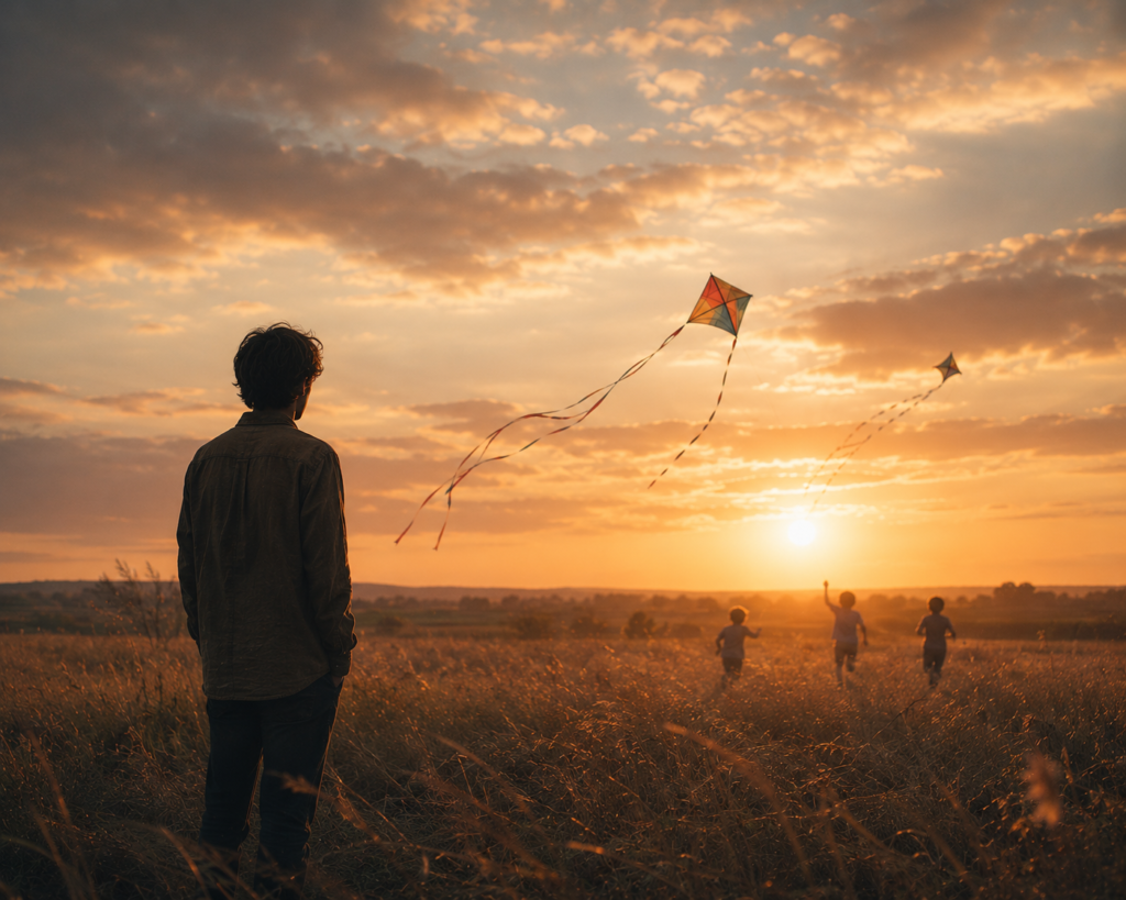 chatgpt image a solitary figure watching kite runners in an open field at sunset