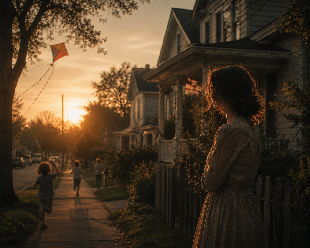 chatgpt image a young woman standing quietly outside a house while children run with kites nearby