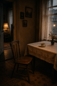 chatgpt image an empty wooden chair beside a dining table in a quiet old home
