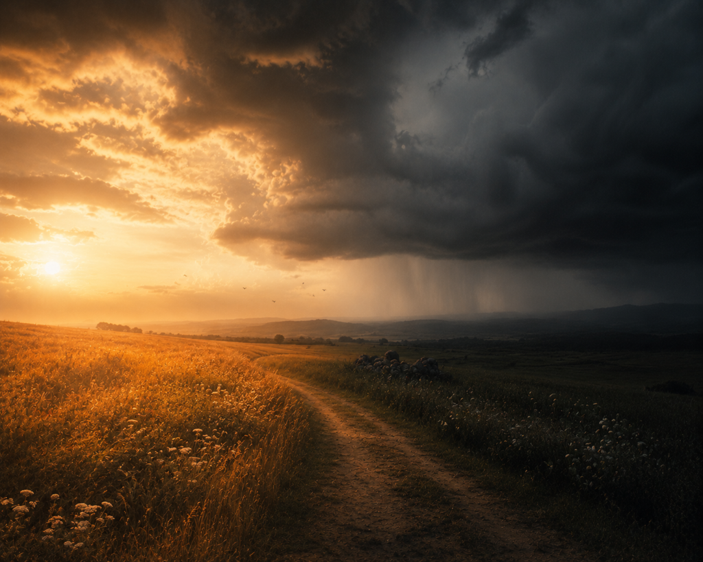 chatgpt image a cinematic transition between a golden summer field and approaching storm clouds,