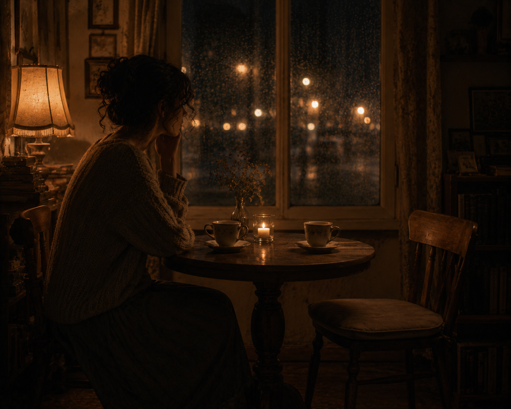 chatgpt image a nostalgic late night tea scene with two cups on a small wooden table, only one person physically present