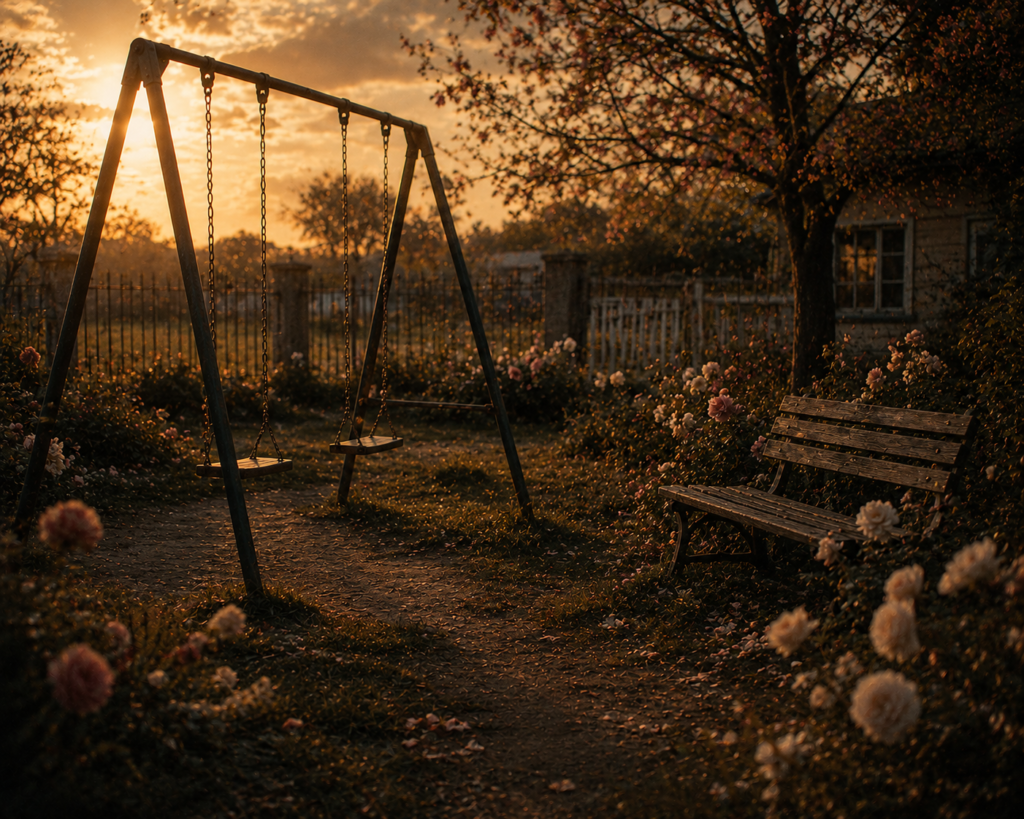 chatgpt image a nostalgic playground beside a quiet garden during late afternoon