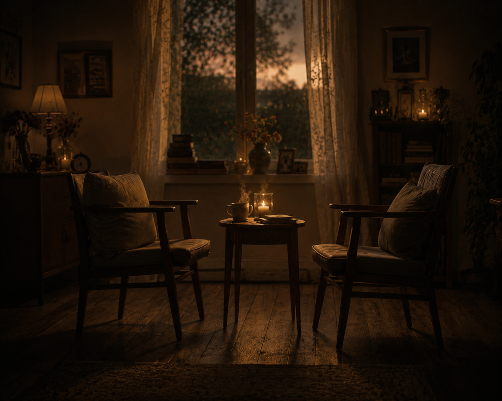 chatgpt image a quiet dimly lit room with two empty chairs facing each other