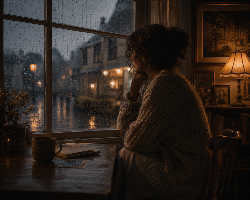 chatgpt image a solitary figure sitting beside a rain covered window while soft warm light glows inside the room
