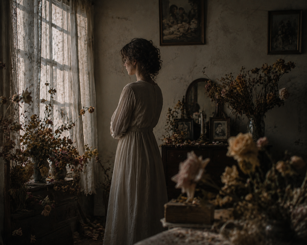 chatgpt image a solitary woman standing inside a quiet room surrounded by fading flowers