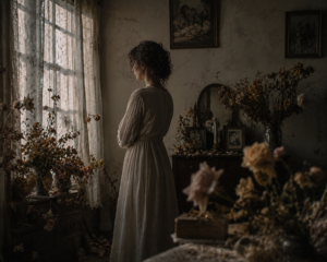 chatgpt image a solitary woman standing inside a quiet room surrounded by fading flowers