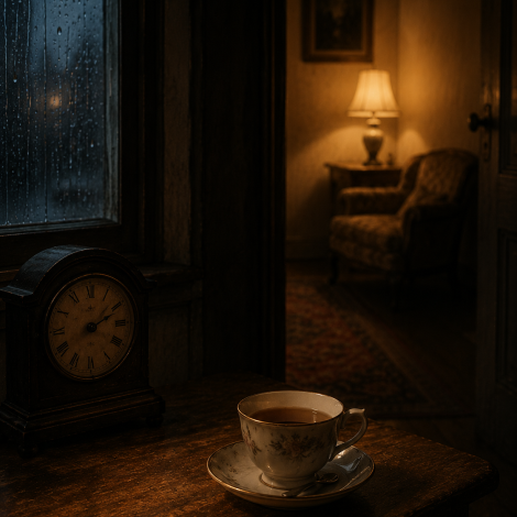 chatgpt image a cold cup of tea resting on a wooden table beside a dimly lit room
