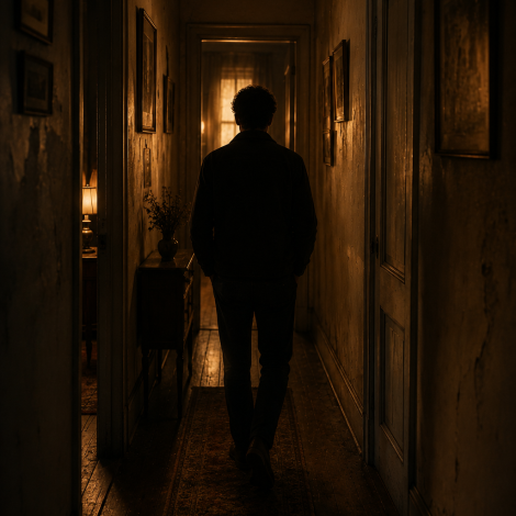 chatgpt image a solitary figure walking through a dim hallway inside an old house,