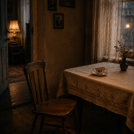 chatgpt image an empty wooden chair beside a dining table in a quiet old home