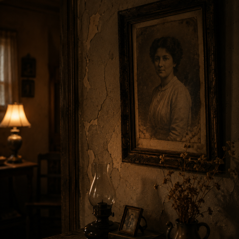 chatgpt image an old faded portrait hanging inside a dim vintage room