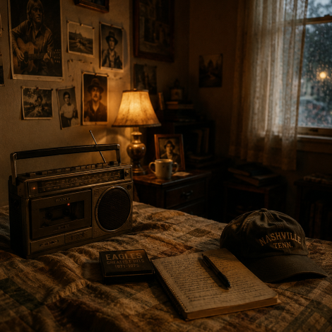 chatgpt image vintage cassette player or radio playing soft country music in a nostalgic bedroom